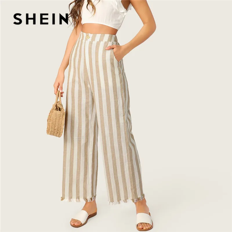 

SHEIN Khaki Casual Buttoned Front Raw Hem Striped Wide Leg Pants Women Clothes 2019 Spring Button Fly Pocket Zipper Long Trouser