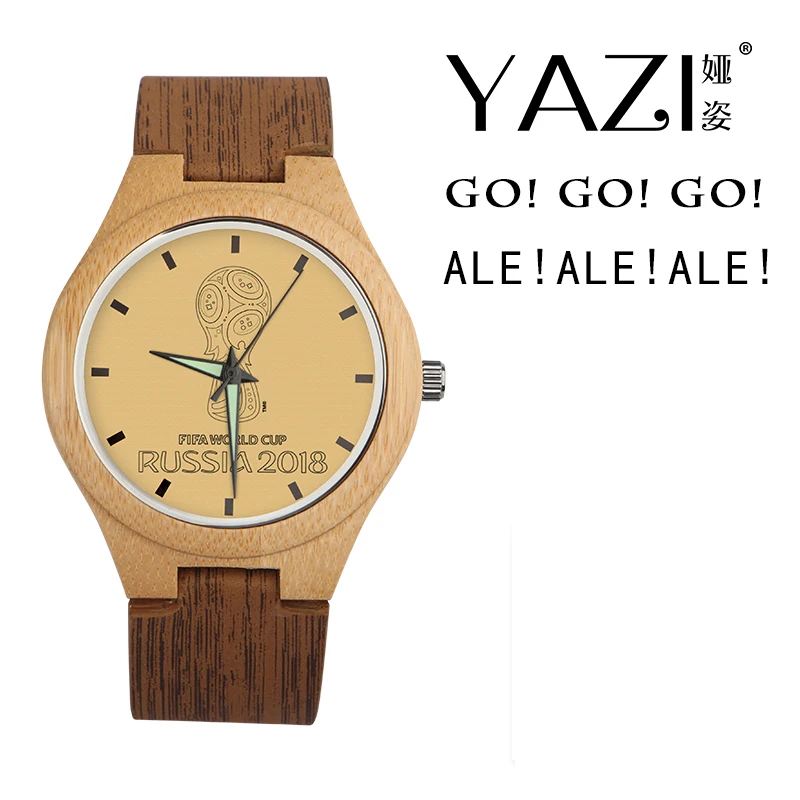 

YAZI Natural Wooden Watch for Soccer Fans Commemorative Gift Wrist Watch Wood Stripe Leather Band Quartz Watch No Waterproof