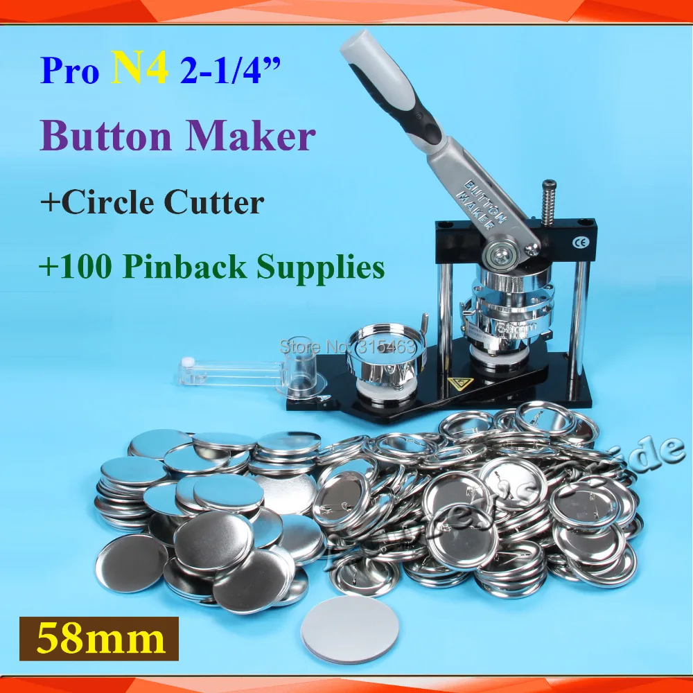 

NEW Pro N4 2-1/4":58mm Badge Button Maker Machine + Adjustable Circle Cutter+100Sets Metal Pinback Button Supply