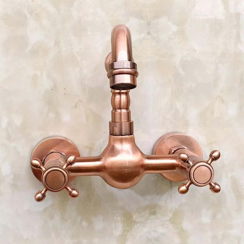 Antique Red Copper Two Cross handles Wall Mounted Kitchen Bathroom Vessel Sink Swivel Spout Faucet Water Tap arg030