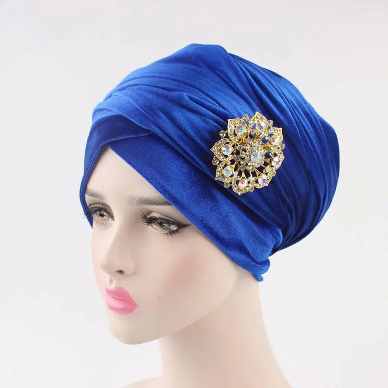 Новые женские плиссированные роскошные бархатные Тюрбан Хиджаб удлиненные головные уборы индийские ювелирные изделия брошь на голову шарф женские аксессуары для волос - Цвет: Королевский синий