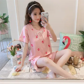 

Summer Womens Pajamass Sets Cotton Pajama Set Short Sleeve Sleepwear Suit Girl Print Pyjama Set Womens Nightshirt Sets Outwear