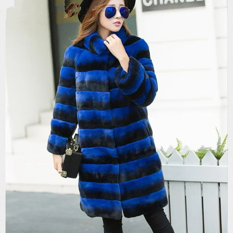 Женское зимнее пальто высшего качества, настоящий мех кролика, стоячий воротник, натуральный мех, куртка, длинный стиль, натуральный мех, шинчилл, меховые пальто