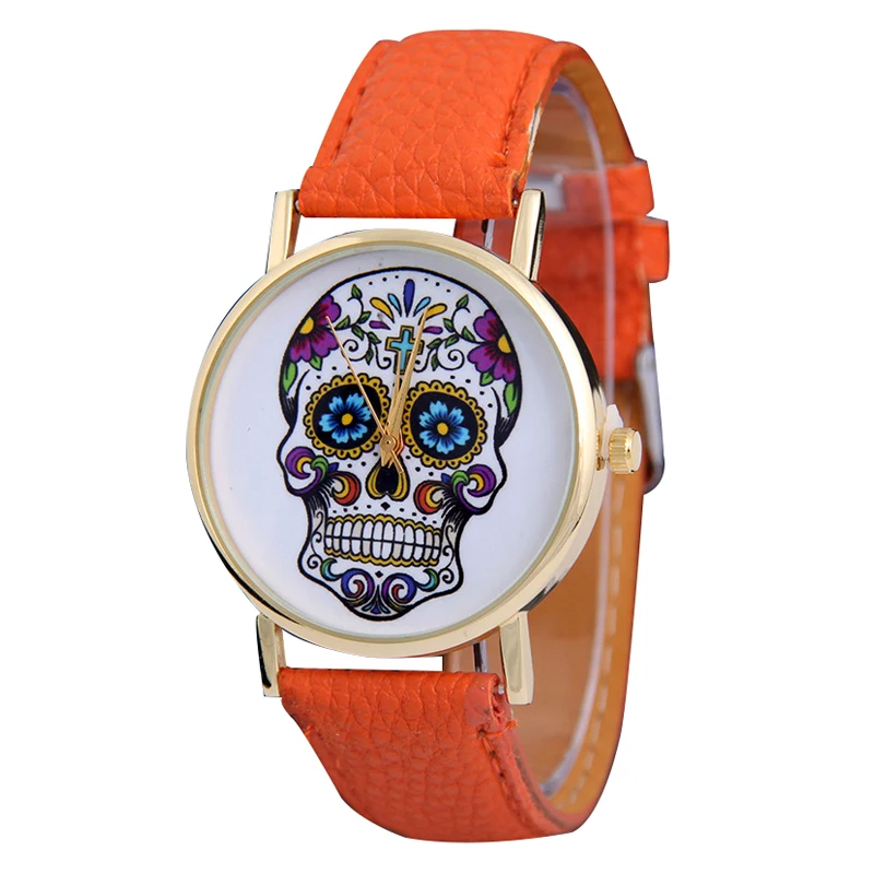 

Women Men Punk Skull Analog Watch Leather Band Quartz Wrist Watch Orange
