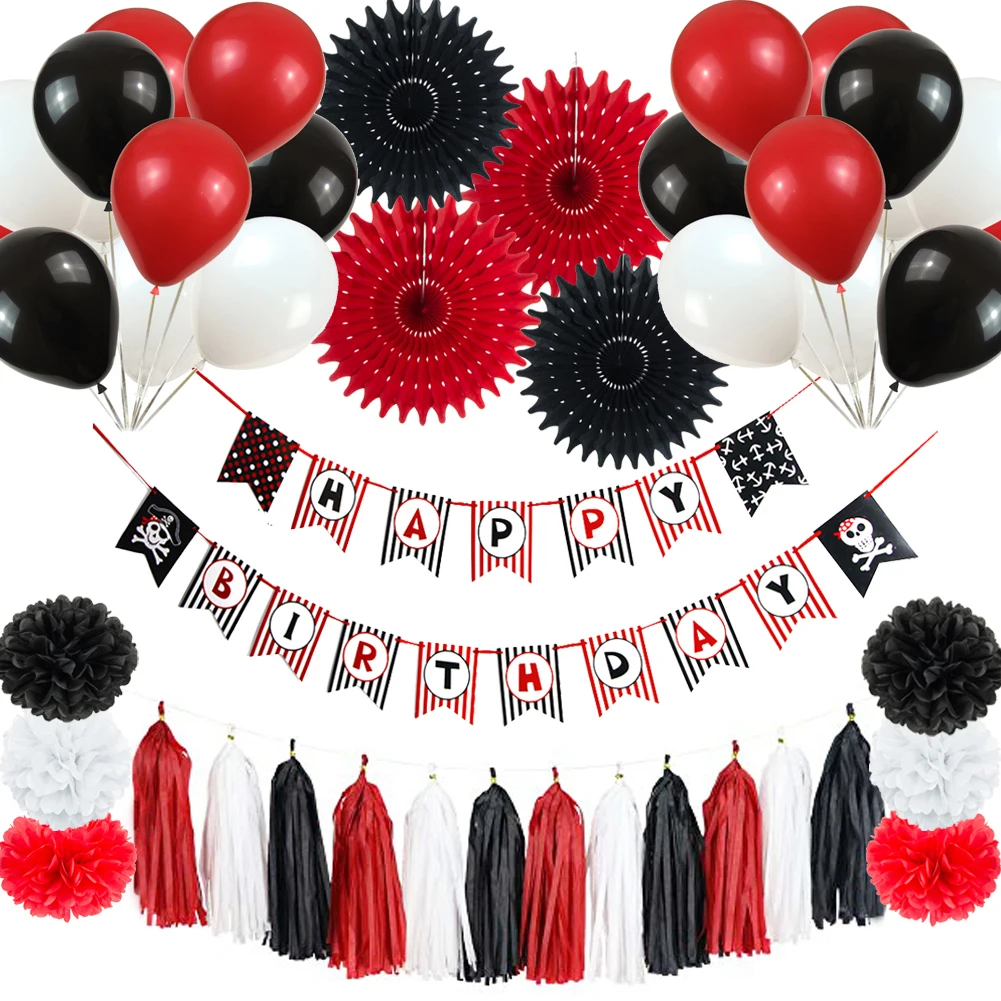 Pirate Theme Birthday Party Supplies Baby Shower Happy Birthday Banner Pirate Balloons Cake Topper for Boys Kids Children 1st 2nd 3rd 4th Birthday Geloar Pirate Birthday Party Decorations Black