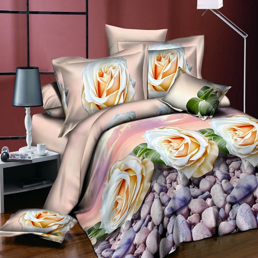 3pcs 3D Rose Bedding Fitted Sheet Bed Cover 2 Pillowcase Textile Queen Size