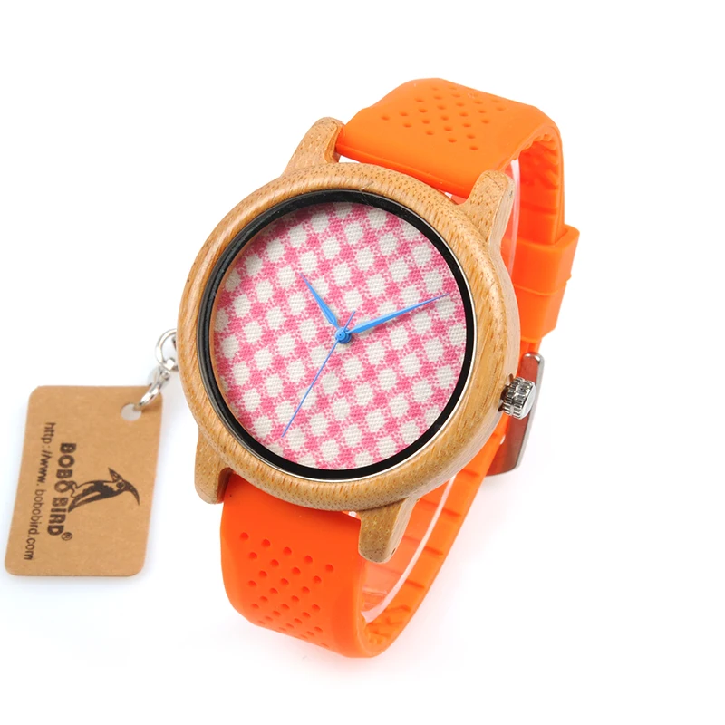 

BOBO BIRD Wb03 Pink Plaid Dial Plate Wooden Watches with Vivid Orange Silicone Jelly Belt Quartz Watch for Women