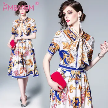 

2019 Women Spring Summer Dress Printing Office Dress Vintage Fashion Party Bow Dress Vestidos AMBMCM