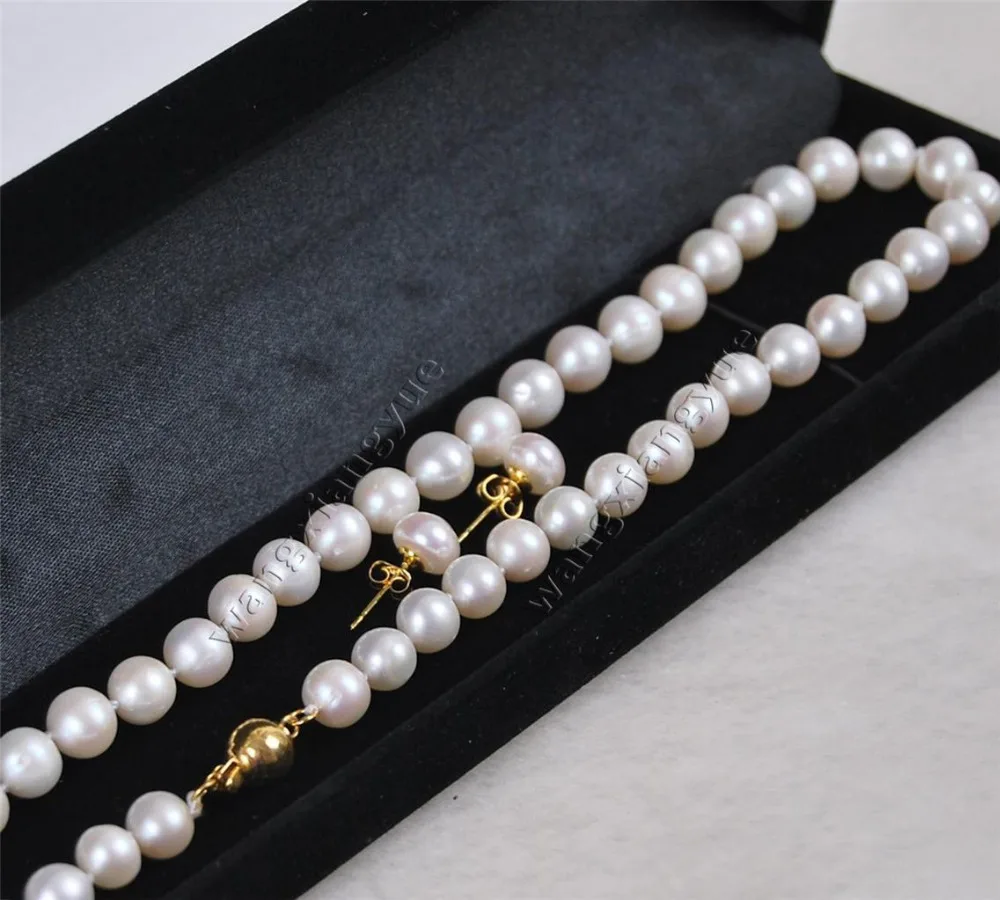 

Genuine 8-9MM White Akoya Cultured Pearl necklace earring set AAA>>18K gold plated watch wholesale Quartz stone CZ crystal