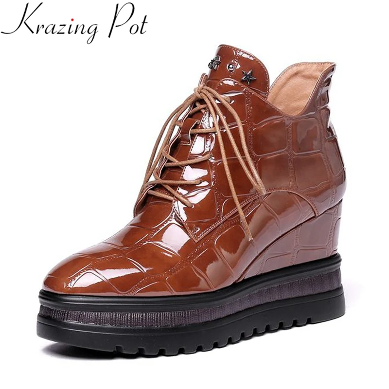 

Krazing Pot 2018 big size microfiber wedge ankle boots concise rivet round toe thick bottom casual keep warm winter shoes L7f2