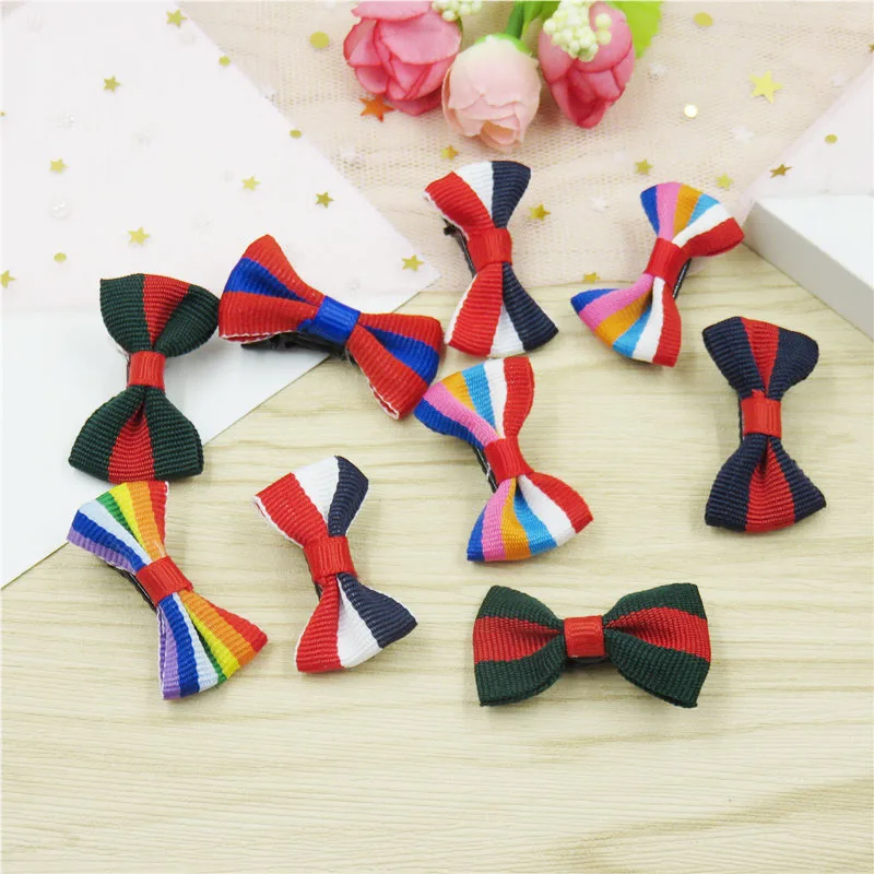 

2PCS/LOT Rainbow Stripes Small Bows Hairpin For Girls Handmade Child Elastic Hair Bands Scrunchy Clip Hair Accessories For Kids