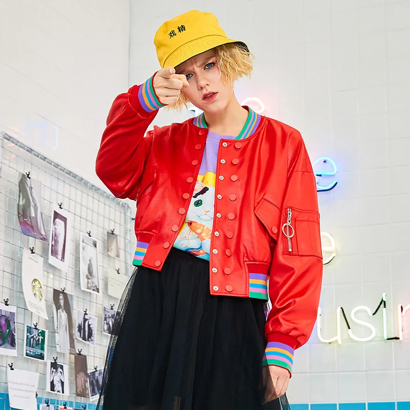 Femmes Red Rxtfpy Femelle Vestes Longues Mode Manches Nouveau Lâche Rouge Hop Col Rond Poches Printemps Hip breasted A63 Manteau Single tsQdrh