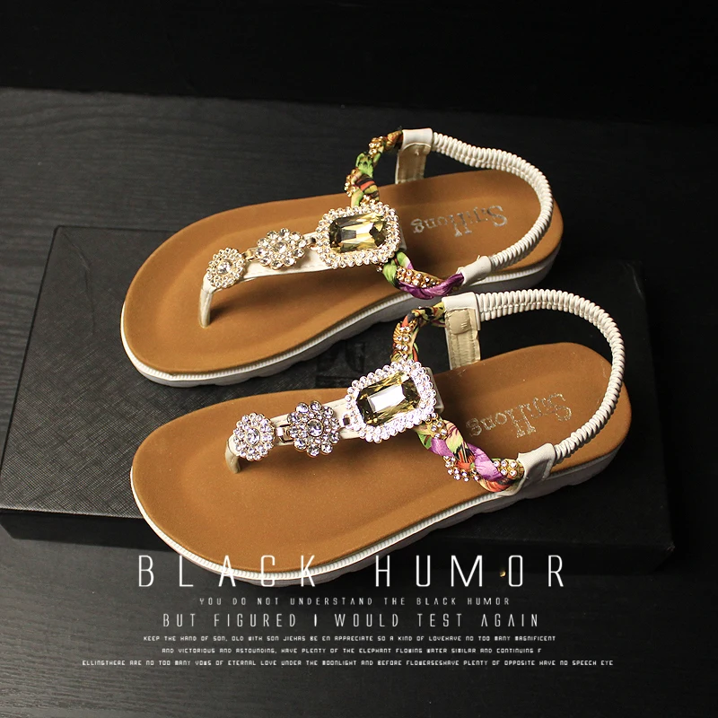 2017 Модные женские летние сандалии вьетнамки женщины rhinestone Riband гладиатор плоские