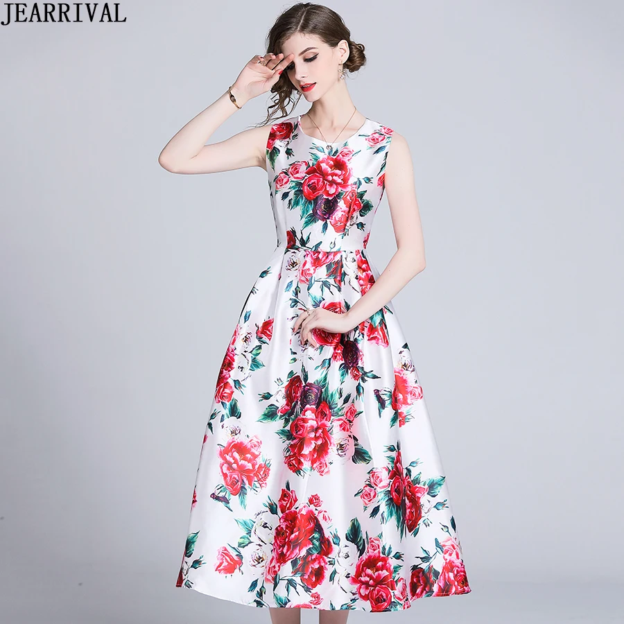 

2019 Floral Summer Dress Womens Fashion Sleeveless O-Neck Slim Casual A-Line Print Vintage Casual Dress Midi Vestidos Robe Femme