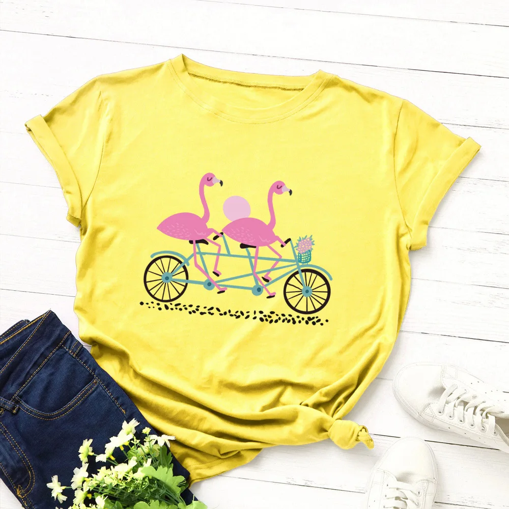 Футболка размера плюс 5XL с принтом тропического фламинго, Женская хлопковая Мягкая футболка с коротким рукавом, летняя футболка, топы, розовая футболка, футболки - Цвет: Цвет: желтый