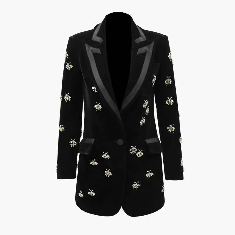 

Luxurious Designing Plus Size XXXL Handmade Bees Beading Blazers Notched High Street Women Velvet Long Qaulity Blazer