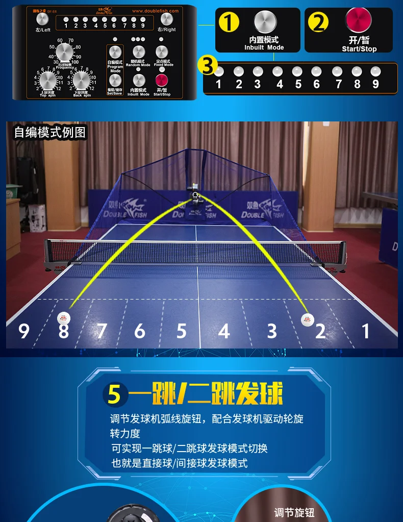 Original Double Fish E6 Programm Table Tennis Robot Pingpong Serve Machine 36 spins Home Training for V40+ ball with Collect Net