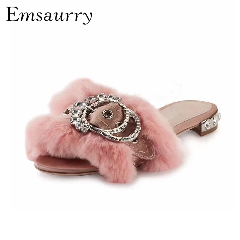 

Luxury Rabbit-hair Slippers Women Open Toe Jewelled Heel Satin Buckle With Crystal Mules Zapatos De Mujer