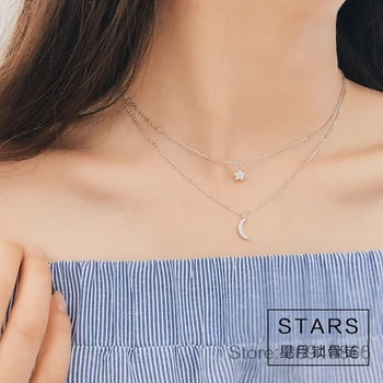 

Fashion Silver Color Long Star Moon Choker Necklaces Pendant Jewelry Double Chain Statement Necklace