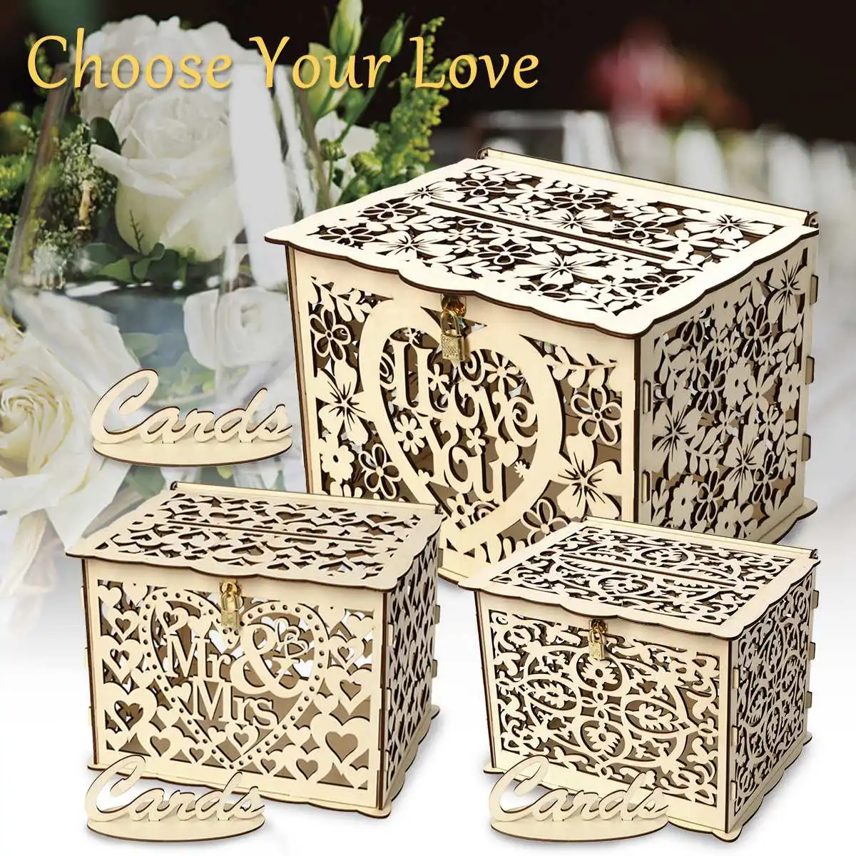 

DIY Wedding Gift Card Box Wooden Money Box with Lock Beautiful Wedding Decoration Supplies for Birthday Party For Guest