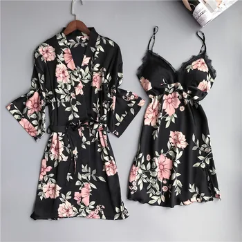 

Navy Blue Womens 2PC Strap Top Pajamas Sleepwear Sets Lady Home Wear Nightgown Suit Sexy Kimono Robe Bath Gown Sleepshirts M-XXL