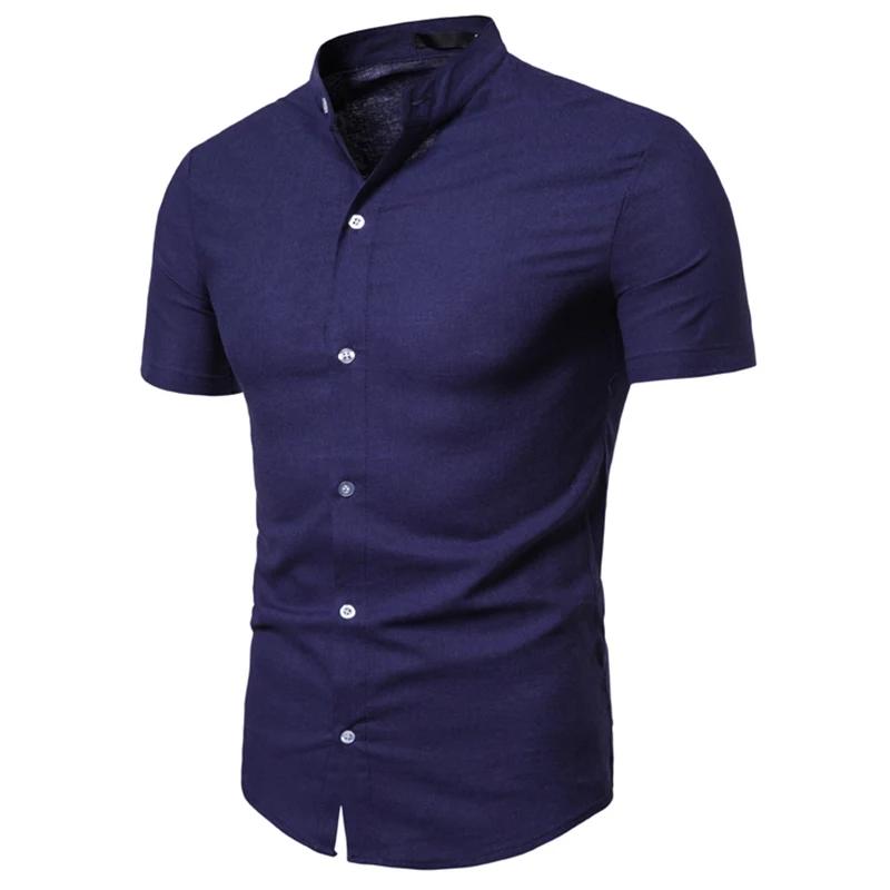 Manoswe, повседневные белые рубашки со стоячим воротником для мужчин,, летняя тонкая рубашка с коротким рукавом, деловая однотонная мужская рубашка 2XL - Цвет: navy blue