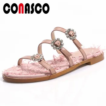 

CONASCO 2019 Summer Fashion Sweet Casual Shoes Woman Round Toe Shallow Slip On High Heels Solid Genuine Leather Women Sandals
