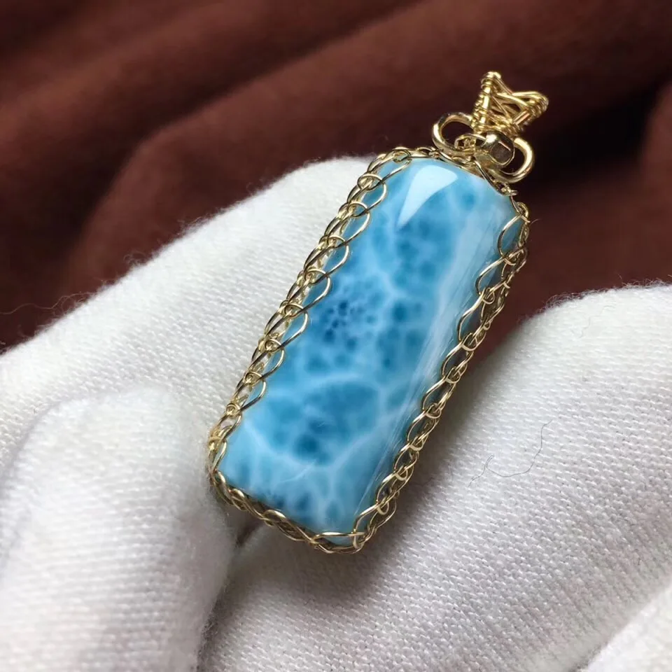

Natural Larimar Necklace Pendant 23.8x13.8x7.6mm Blue Gemstone 14K Women Men Rectangle Anniversary Lucky Love Gift Pendant AAAAA