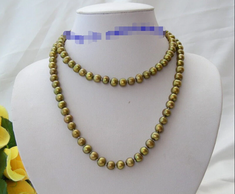 

>>>>SUPER long 32" 9mm round green freshwater cultured pearls necklace d844