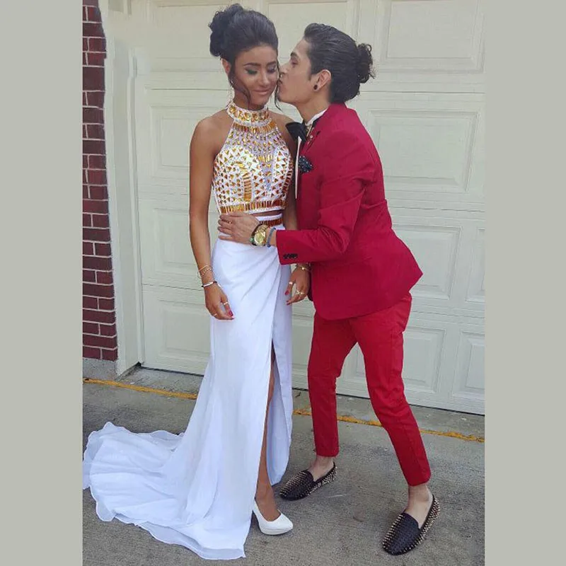Two Piece White and Gold Prom Dresses 