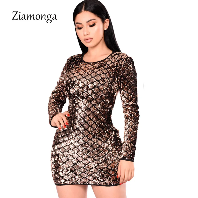 

Ziamonga Women Sequin Evening Party Dress Sexy Backless O-Neck Sheath Bandage Dress Elegant Spring Long Sleeve Female Dresses