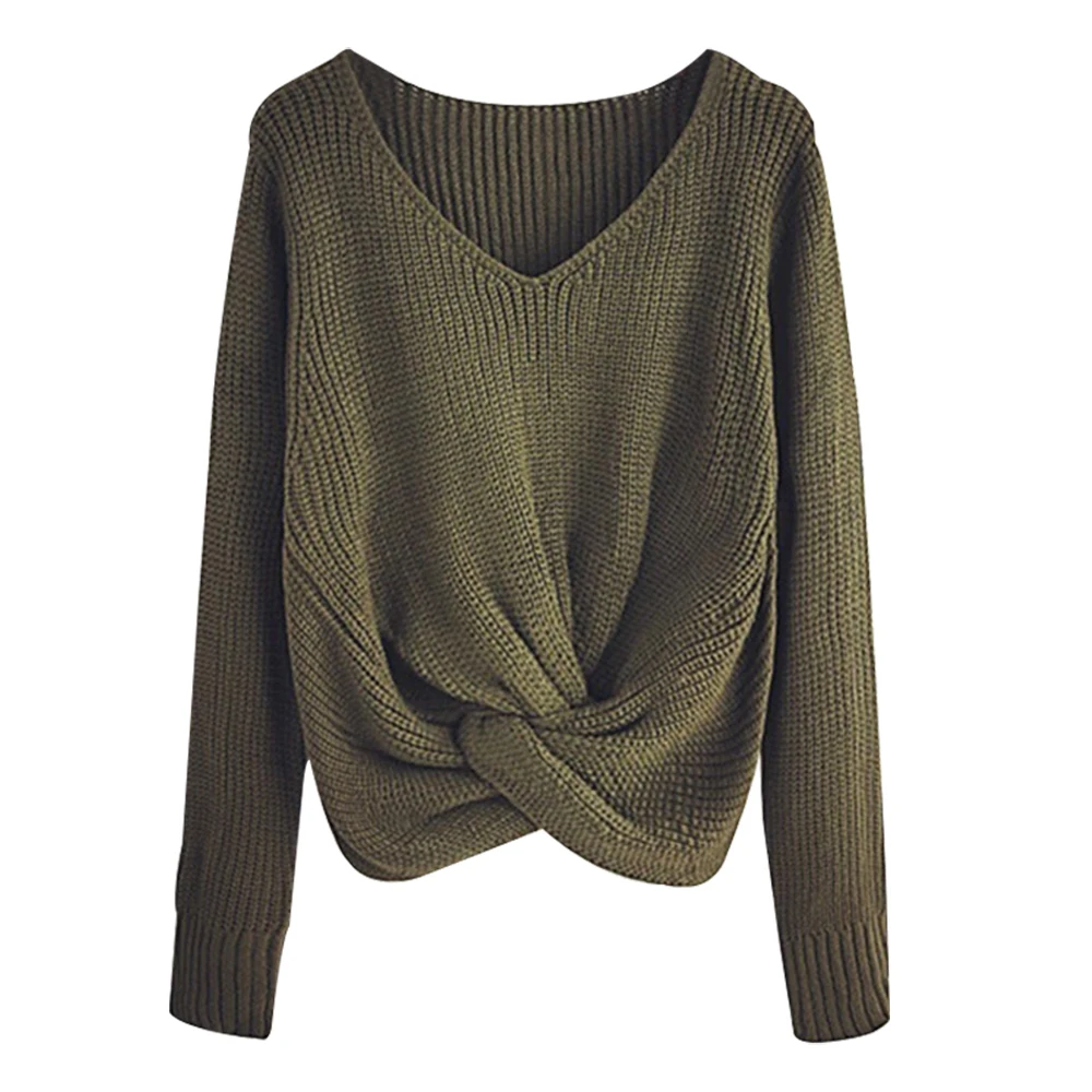 NIBESSER 2019 Autumn Winter Femme Sweaters Long Sleeve Solid Color V neck Sexy Cross Knotted Panel 3