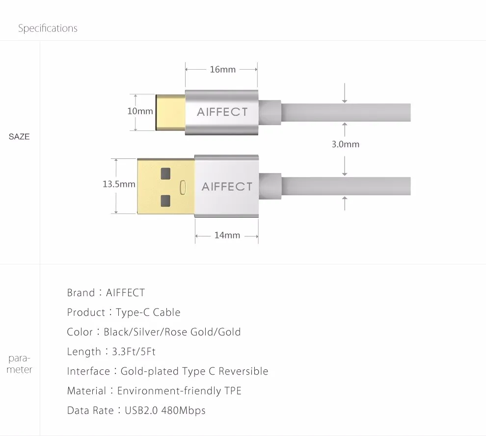 AIFFECT type C кабель type-C на стандартный usb-кабель USB-C на USB штекер на Мужской кабель для зарядки данных шнур линия серебро