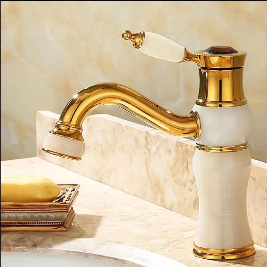 

Deck mounted brass and Jade water faucet Bathroom Basin faucet Mixer Tap Gold and black oil Sink Faucet Bath Basin Sink Faucet