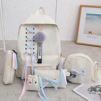 

Litthing Women Large Capacity Sweet Backpack Set 5 pieces New Lace Up Pompon Backpack+Shoulder Bag+Pen Bag+Zipper Bag+Small Bag