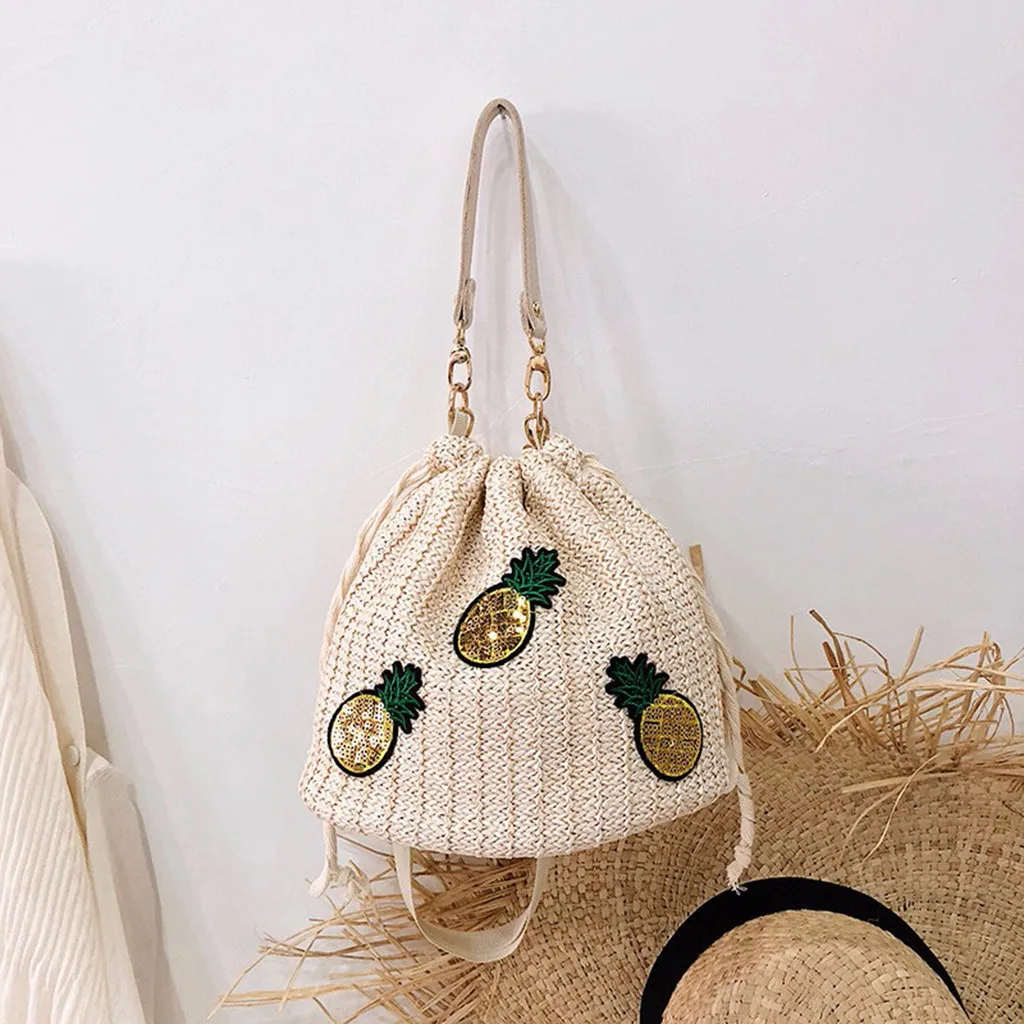 

Pineapple Print Bohemian Bag Beach Water Bucket Straw Bag Handmade Pineapple Pattern Rattan-made Single-shoulder Bags bolsa femi