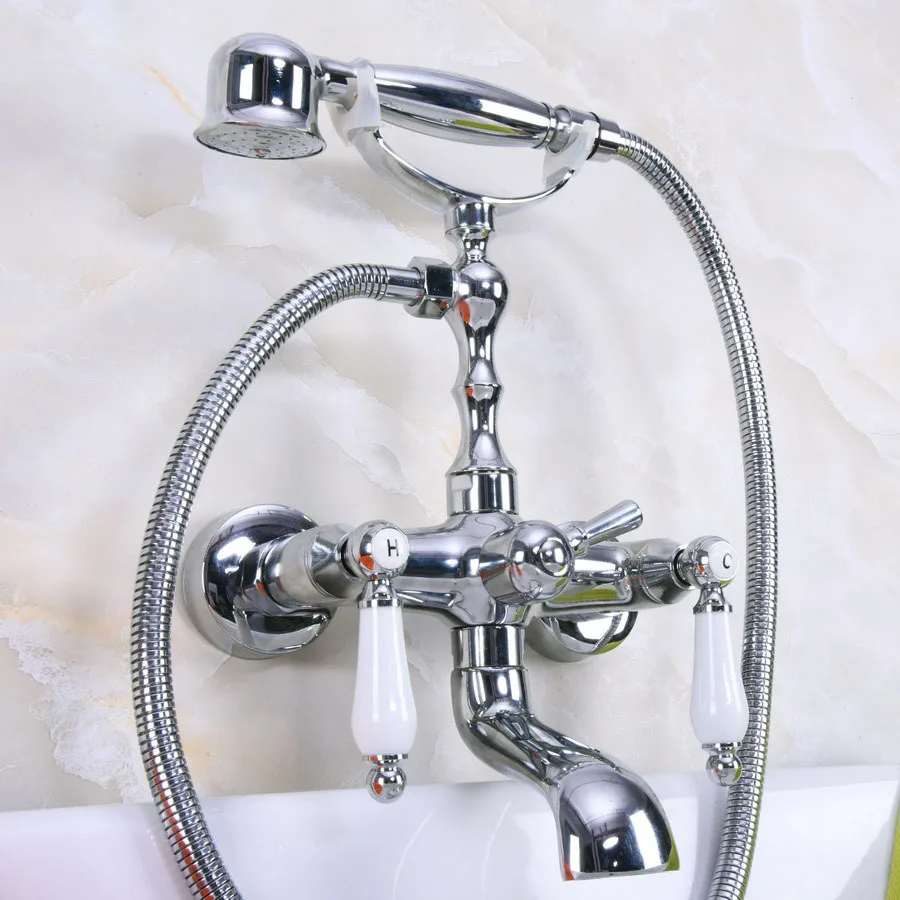 Polished Chrome Brass Double Ceramic Handles Wall Mounted Bathroom Clawfoot Bathtub Tub Faucet Mixer Tap w/Hand Shower ana201