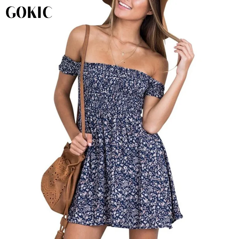 Gokic 2017 новый с плеча цветочные печатный лето dress винтаж высокая талия пляж женский