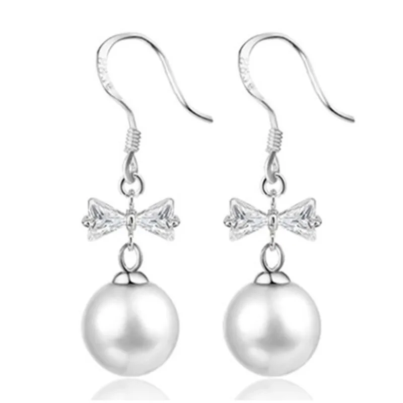 

100% 925 sterling silver fashion bowknot shiny crystal imitation pearl ladies`drop earrings jewelry Anti allergy female gift