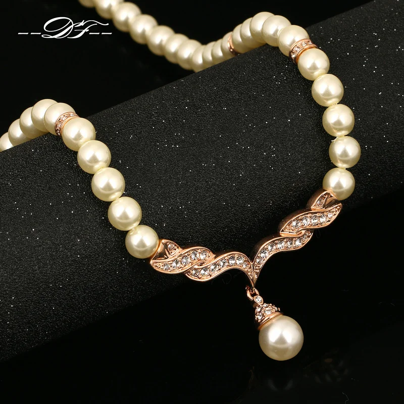 

Double Fair Choker Necklaces & Pendants 18KRGP Cubic Zirconia Fashion Simulated Pearl Beads Jewelry Chain For Women DFN080