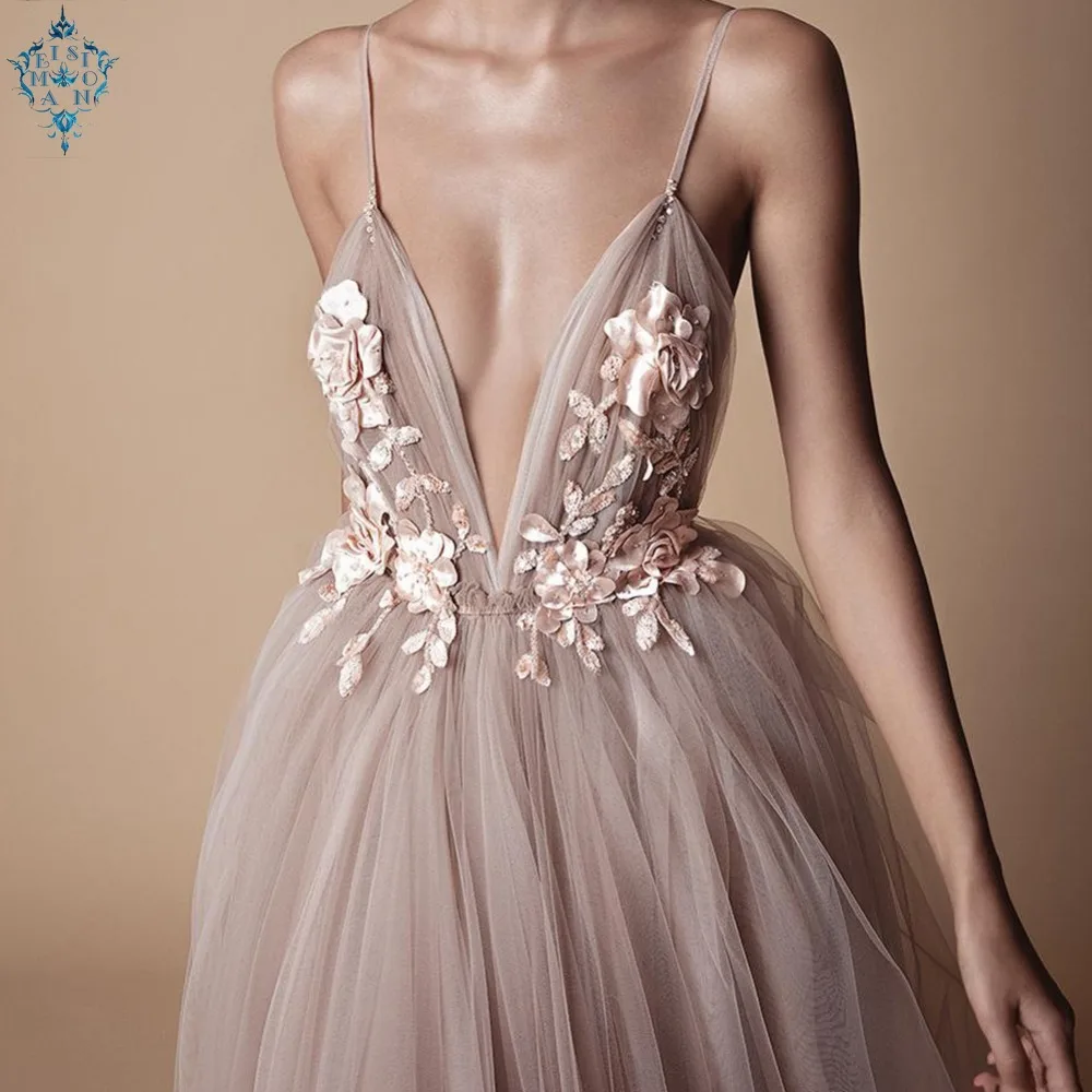

Ameision Deep Spaghetti Strap Evening Dress Ladies Sexy Backless Applique Wedding Party Dress Female Sheer Mesh Sleeveless Prom