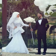White Muslim Mermaid Wedding Dress Long Sleeve Lace Ruched Bride Dress Brush Train Islamic Hijab Wedding Dress vestido de noiva