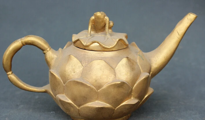 

JP S0524 8" Marked Chinese Dynasty Copper Gold Lotus Flower Frog Wine Tea Pot Flagon