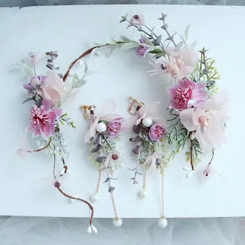 

Pretty Pink Flower Hair Wreath For Bride Handmade Wedding Hair Accessories Bridal Headband with Earrings