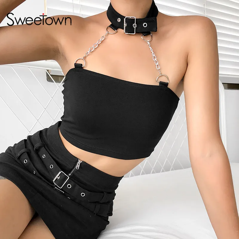 

Sweetown Black Solid Punk Gothic Halter Top Women Streetwear Hot Summer Strapless Sexy Bralette Crop Top With Metal Chains