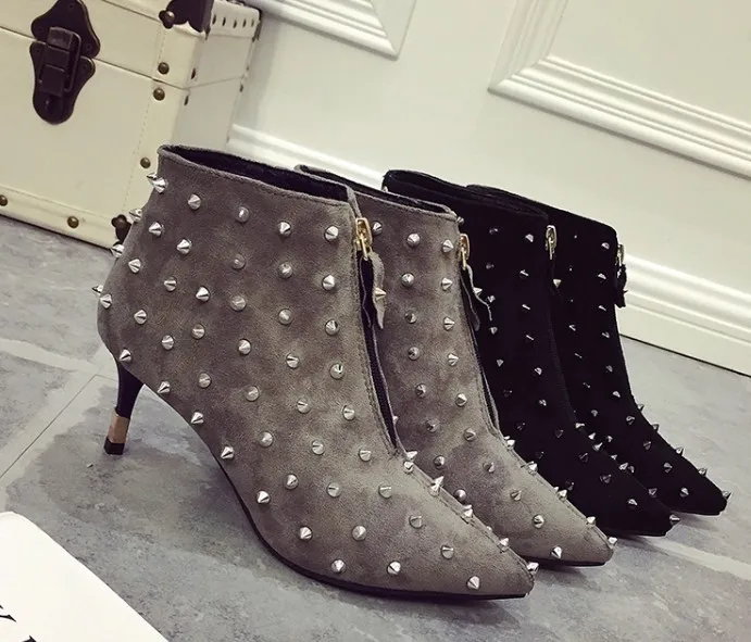 Punk Boots Gray Ankle Boots Rivets Black Pointed Designer Women Shoes Zips Women's Boots Women Ankle Boot New Fashion Autumn (7)
