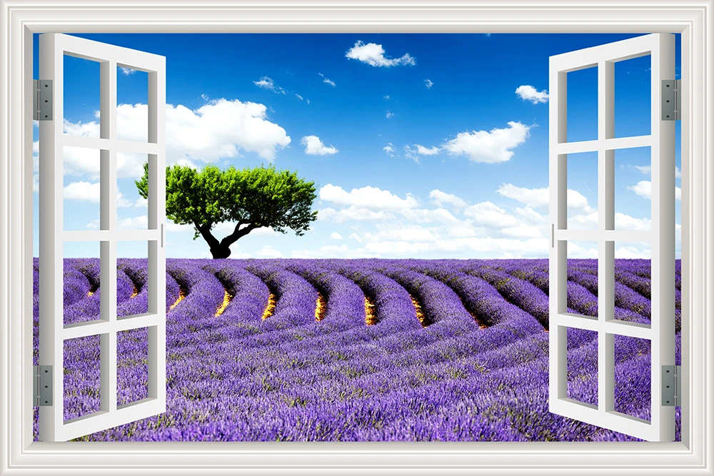 Фиолетовая Лавандовая наклейка с пейзажем, виниловые обои, 3D Наклейка на стену с видом окна, украшение для комнаты adesivo de parede - Цвет: 15