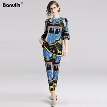 High Quality 2019 Summer Fashion Designer Runway Suit Set 2 Piece Set Women's Half Sleeve Floral Shirt + Vintage Pants Set