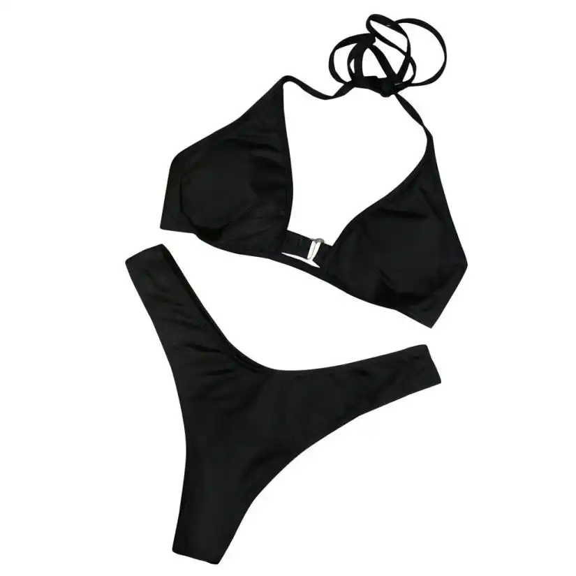 Womail Women High Waist micro thong Solid black Bikini Set Push Up Padded Bandage Bra Swimsuit