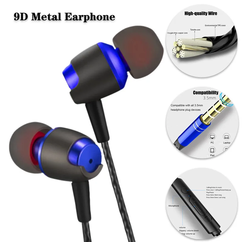 

2 Pieces Bass Earpieces 9D Metal Earphone In-ear Wired Headset Hifi Earbuds for Samsung Huawei Xiaomi Phone Ear Phones